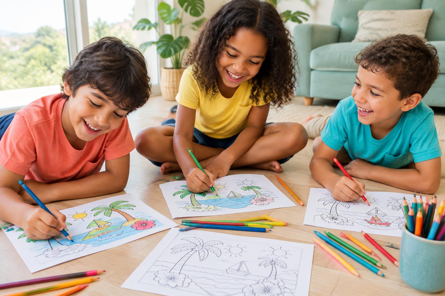 Três crianças sorrindo e se divertindo juntas, pintando folhas parcialmente coloridas no chão
